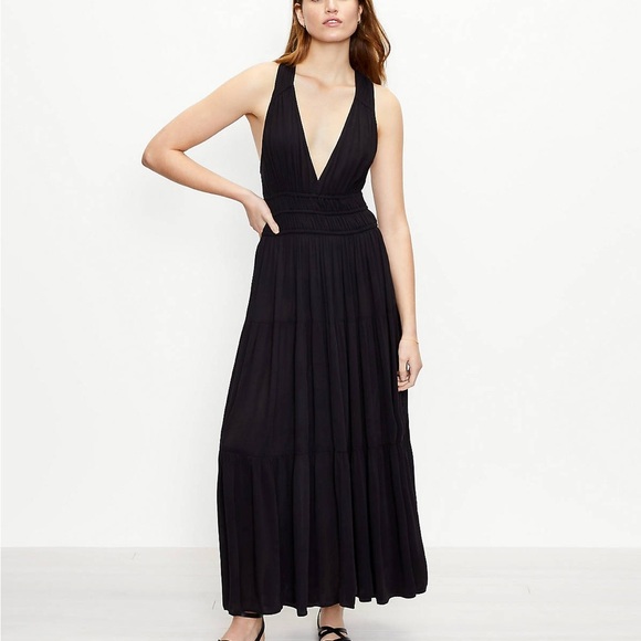 Loft Beach Tiered Halter Maxi Dress Black Size Medium - Picture 1 of 7